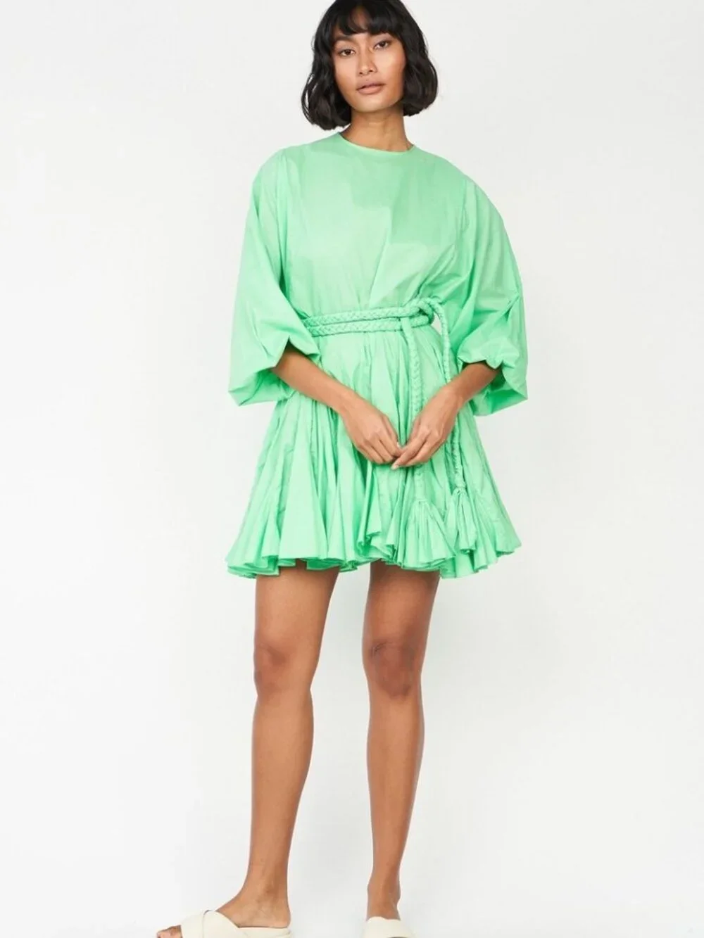 RHODE Ella Solid Cotton-Poplin Flounced Mini Tunic Dress in Bright Green Size XS